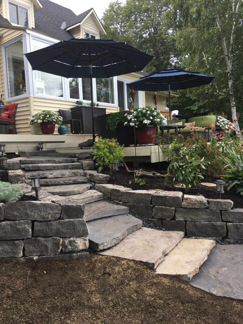 Stone patio with umbrellas and plants
