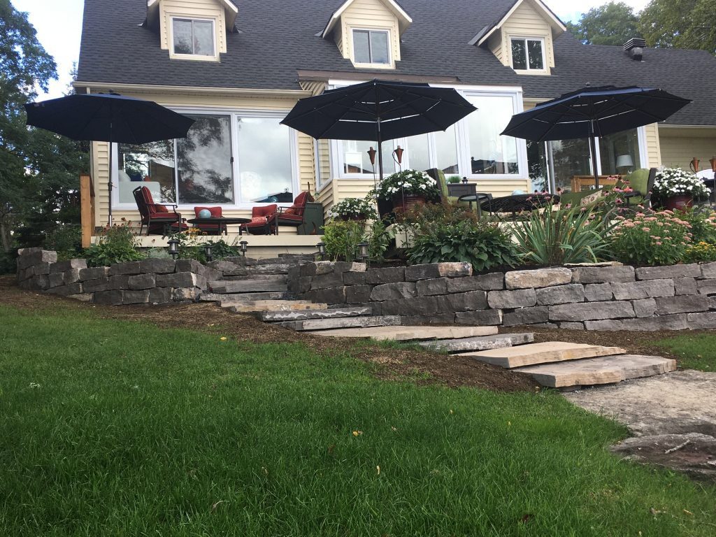 House with patio umbrellas and garden