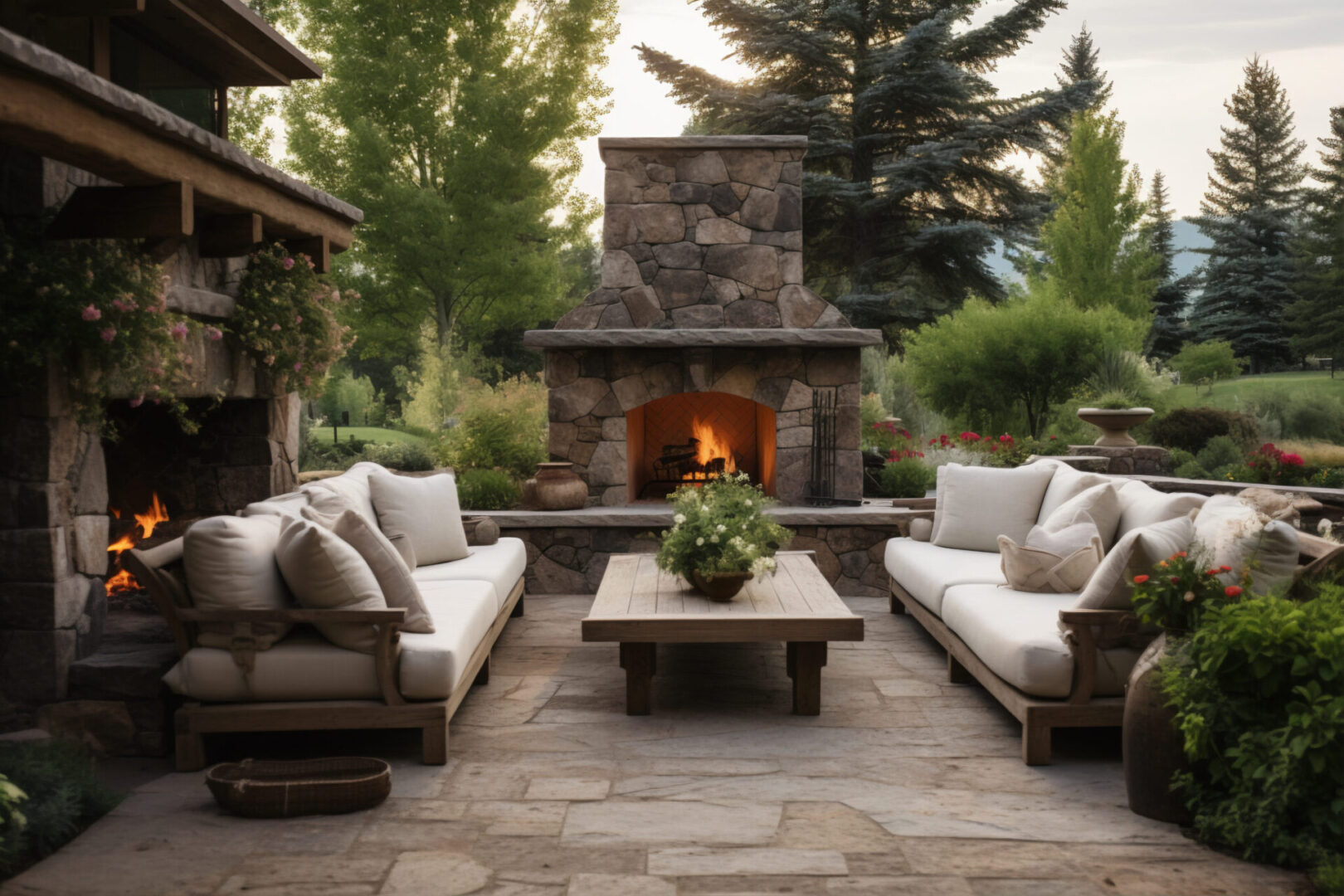 Elegant garden patio with couches