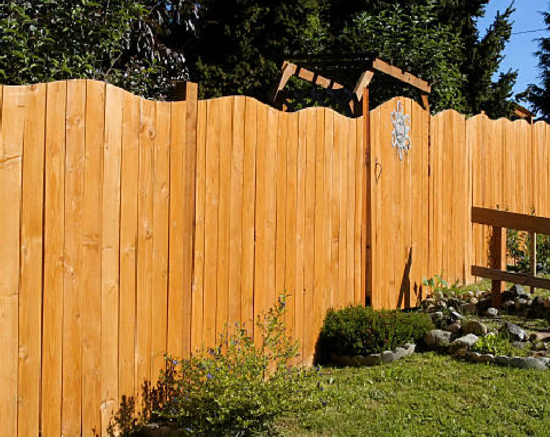 Tall wooden fence in sunny garden